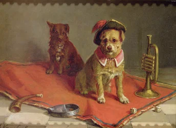 Dog in Military Hat and Collar with Trumpet and Dice